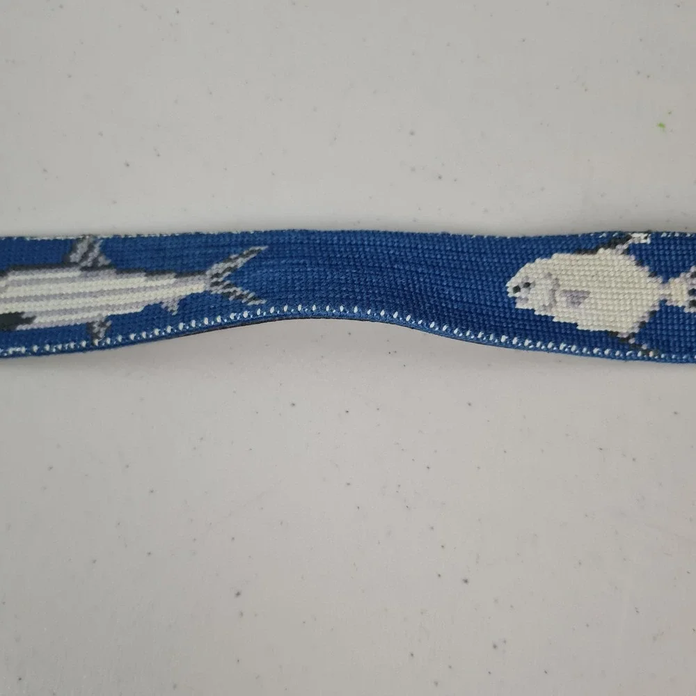 Smathers & Branson Belt Mens 38 Blue Needlepoint Fish Leather Brass Buckle USA